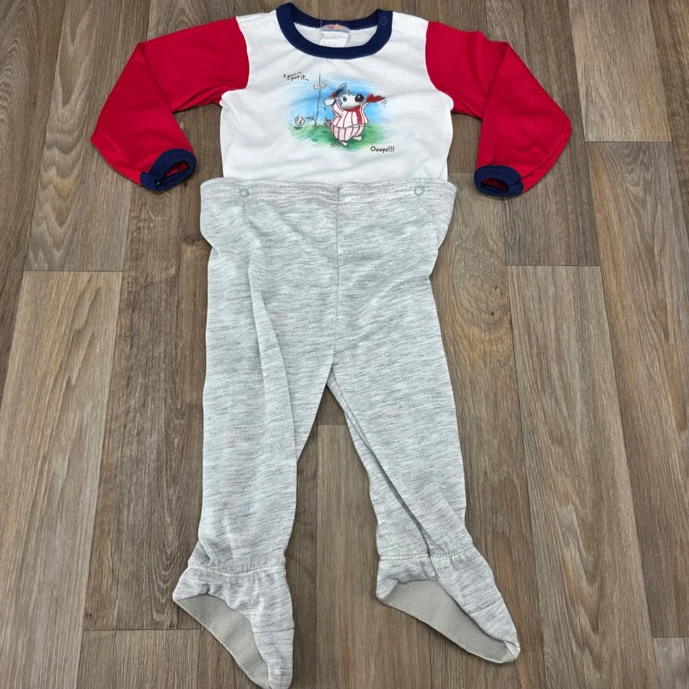 Vintage Carters Boys Baseball Dog Footed Pajamas 2pc Snap Set 18-24M Red Gray